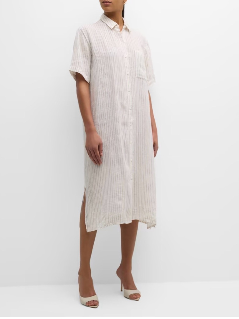 Eileen Fisher Puckered Organic-Linen Striped Shirt Dress